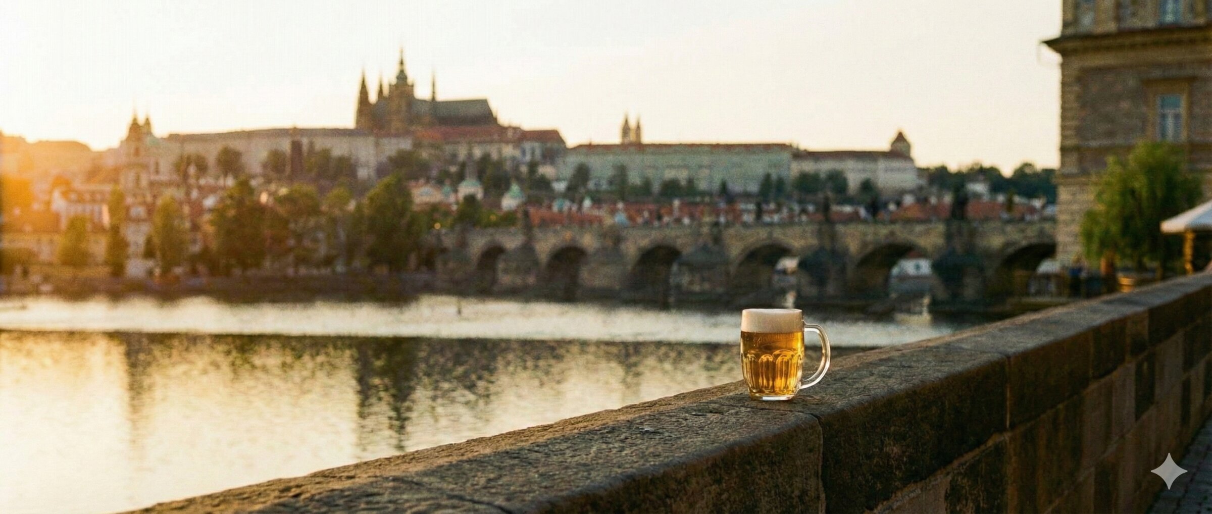 Prague castle skyline with a glass of Czech beer in the foreground